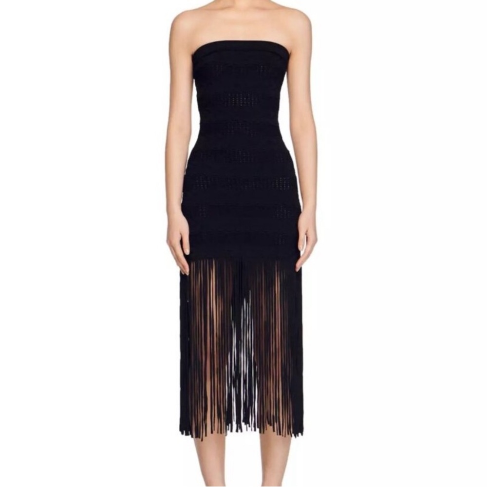 Black Sandro Paris textured strapless fringe midi dress size 38/ 6